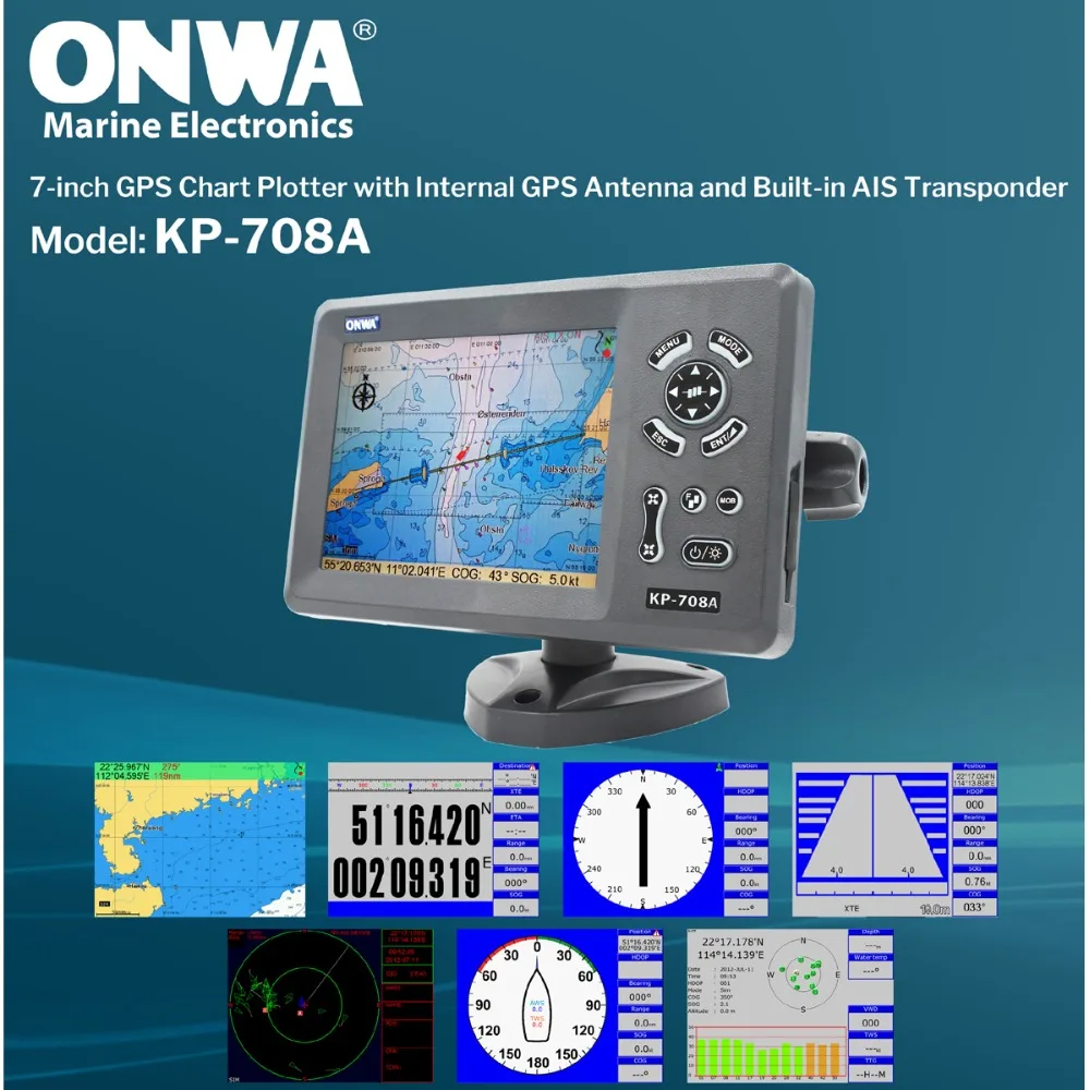 ONWA KP-708A 7-дюймовый Цвет ЖК-дисплей gps плоттер с gps антенной и встроенный АИС класса B Combo морской gps навигатор