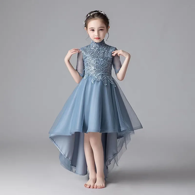 blue tail dress Кружевное Тюлевое платье с короткими рукавами для девочек; элегантная детская одежда для подростков; Детские платья принцессы; бальное платье на свадьбу, день рождения - Цвет: blue tail dress