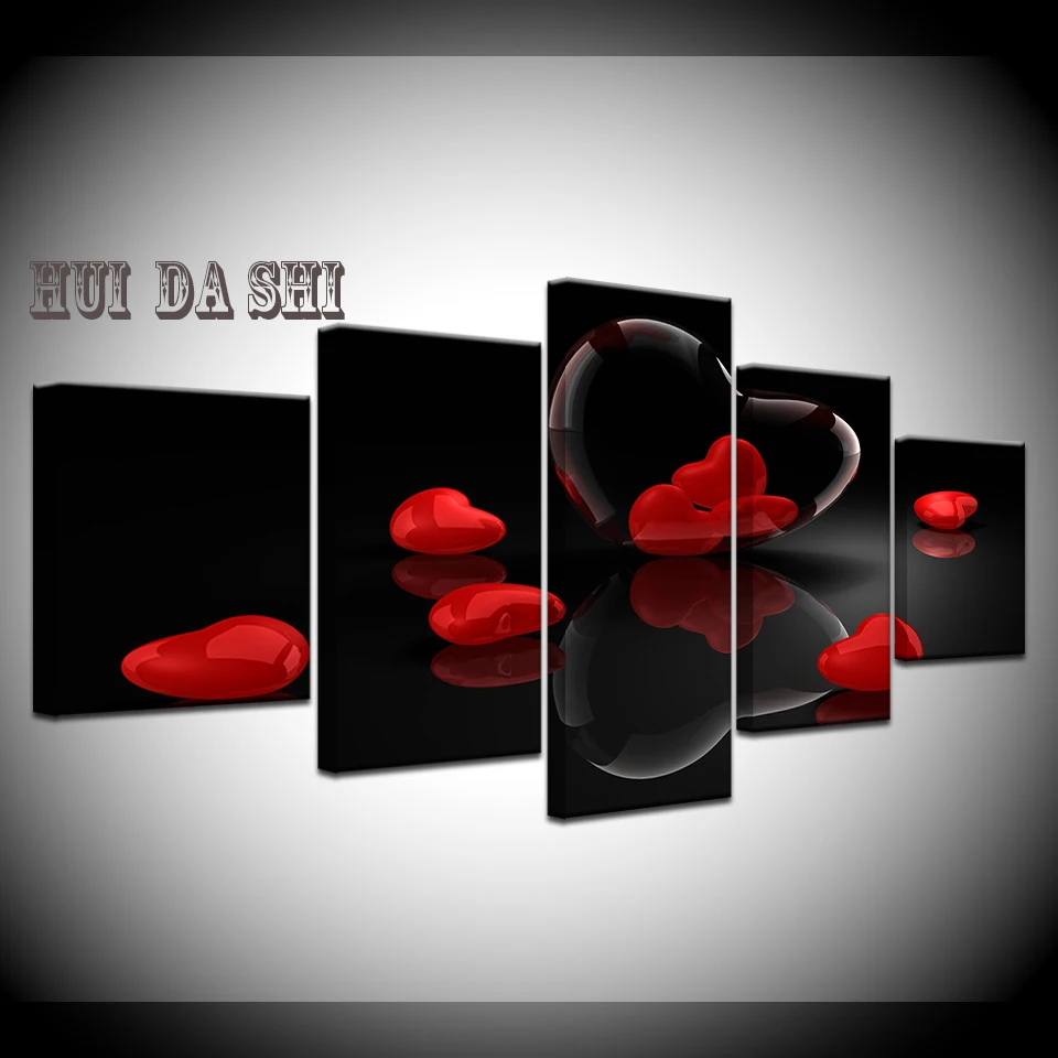 

Wall Art Pictures Home Decoration HD Printed Poster 5 Piece Red Heart-Shaped Modern Frame Living Room Painting Modular Artwork