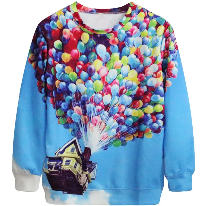 Harajuku 3D Print Flying colorful balloon villa house Sweatshirts Fashion Long sleeve Women Hoodies Cartoon Cute Hooded Pullover | Женская