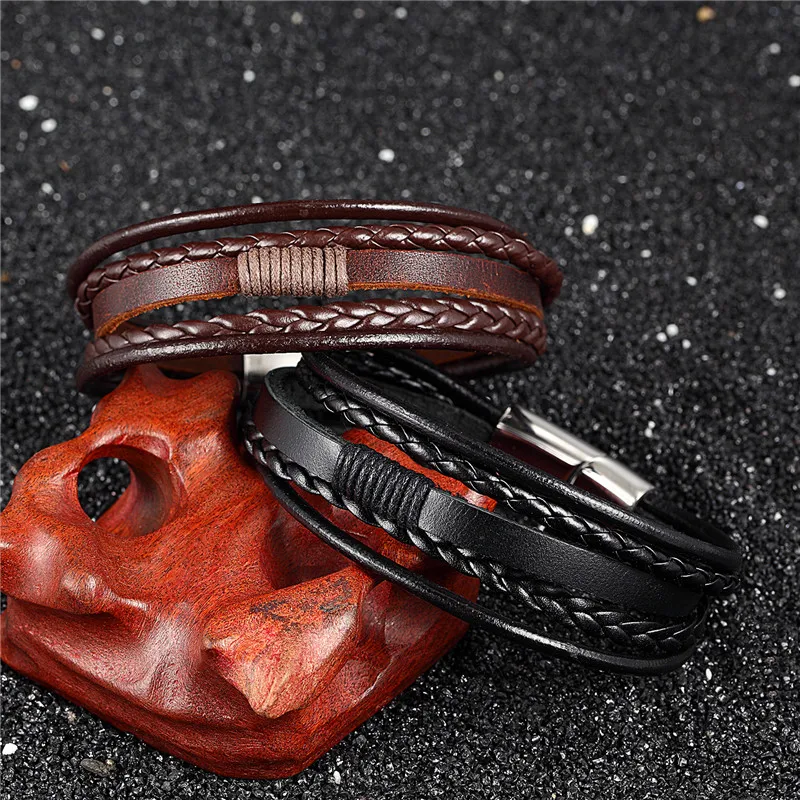 MKENDN мужские ювелирные изделия Pulsera ручной работы Многослойные черные браслеты из