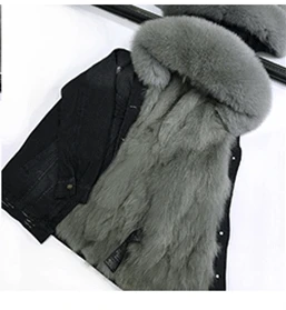 black coat green fur Зимняя куртка, пальто, женская белая джинсовая куртка с дырками, настоящий большой воротник из лисьего меха, с капюшоном, с подкладкой из кроличьего меха, свободная куртка, Корейская Новинка - Цвет: black coat green fur