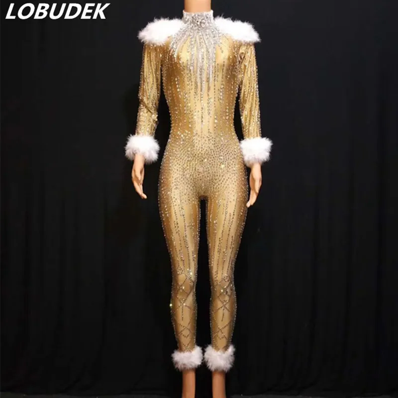 

Champagne Gold Rhinestones Feathers Jumpsuit Female Crystals Leotard Rompers Singer Host Party Luxurious Costume Stage Wears