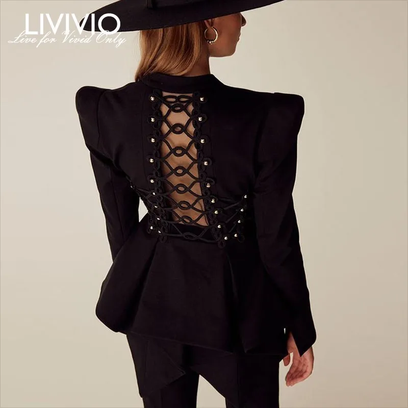 [LIVIVIO] черная приталенная куртка с асимметричным подолом и длинным рукавом, Женский блейзер с v-образным вырезом, Готическая мода осень