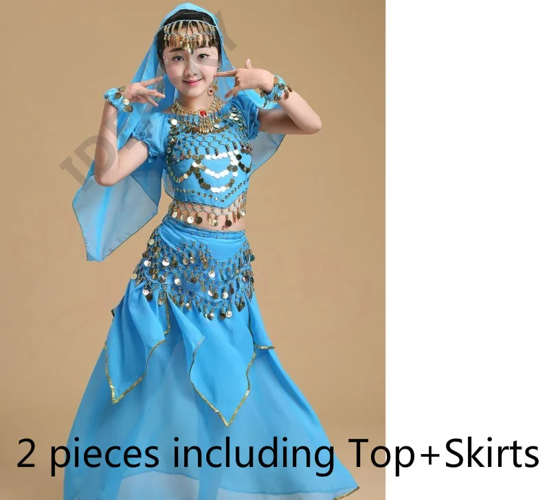 Sky blue 2pcs Индийский танец живота Болливуд танцевальные костюмы для детей набор профессиональных детей девочек Восточный Танец Топ юбка хип шарф - Цвет: Sky blue 2pcs