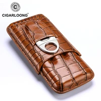 free ship portable leather cigar case 2 tube holder cigars humidor box with metal cigar cutter th 1002
