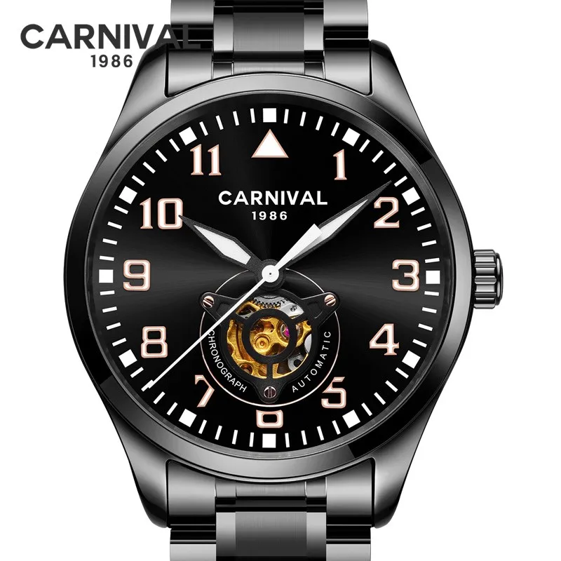 Ультратонкие автоматические часы топ бренд CARNIVAL Black Tourbillon механические из
