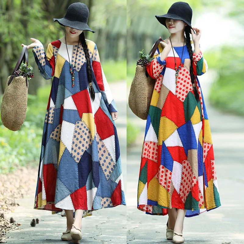 

Women's Ethnic Style Long Dress Summer Vintage Floral Shirt Dress