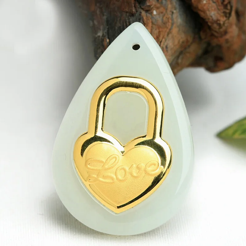 

Real 24K Yellow Gold With Natural Hetian Love Heart Pendant Nephrite