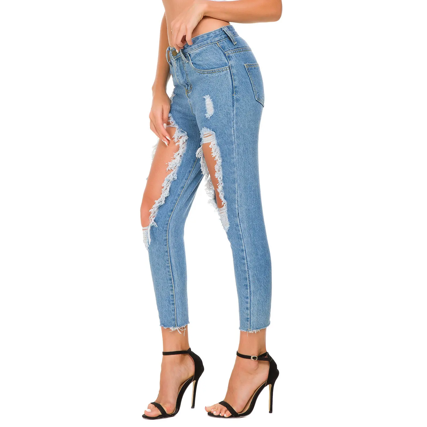 2018 Autumn Stylish Ripped Hole Jeans Women Casual Regular Ankle-Length Denim Pants | Женская одежда