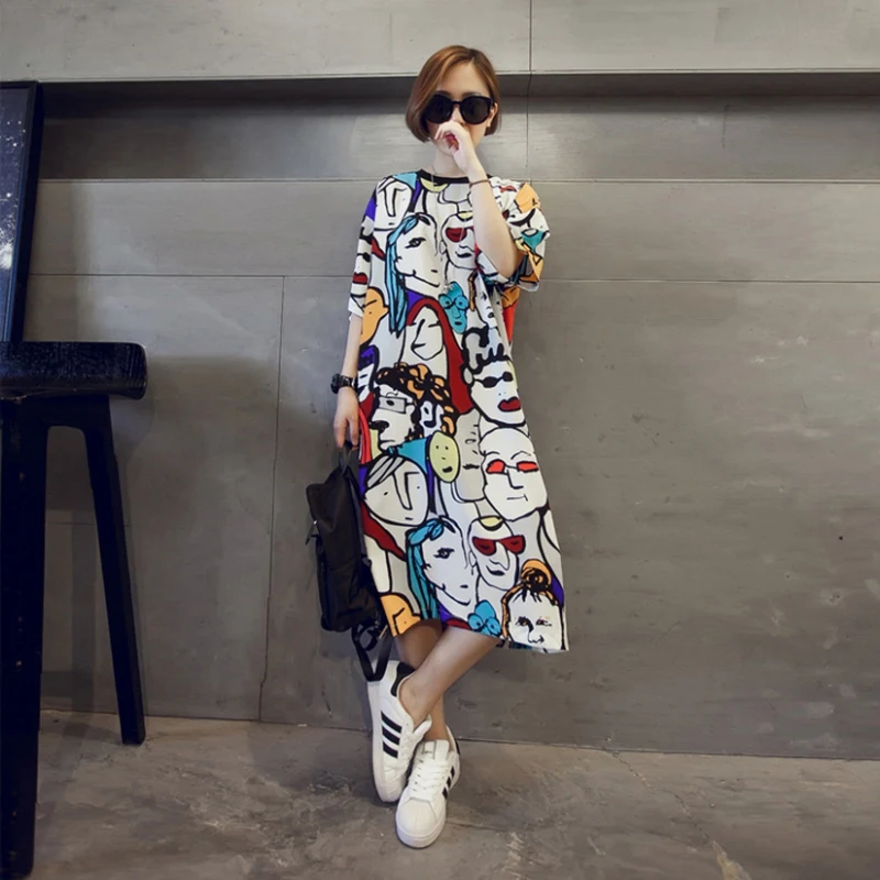 

han edition of the collar new Tshirt dress with Dress easing large Size Plus round ladies size long cartoon 2019 Summer