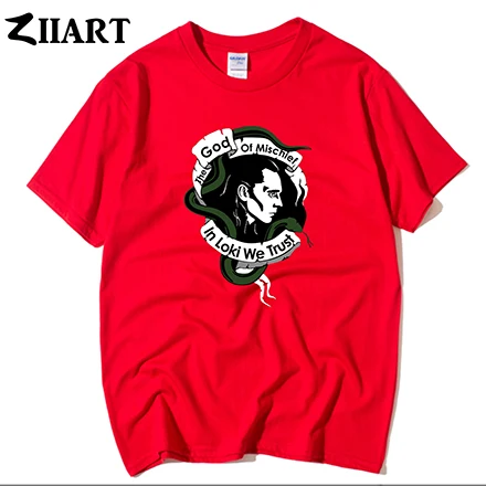 RED In loki we trust the god of mischief/винтажная одежда для пар с изображением головы Мужская хлопковая футболка с короткими рукавами и круглым вырезом для мальчиков - Цвет: RED