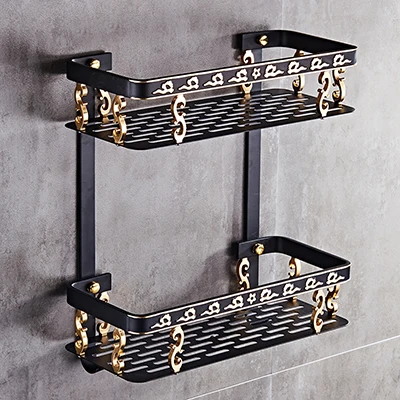 double shelf only D Черное и Золотое резное алюминиевое приспособление для ванной комнаты, набор аксессуаров для ванной, Полка для полотенец, держатель для бумаги, крючок для одежды BG1001 серии - Цвет: double shelf only D