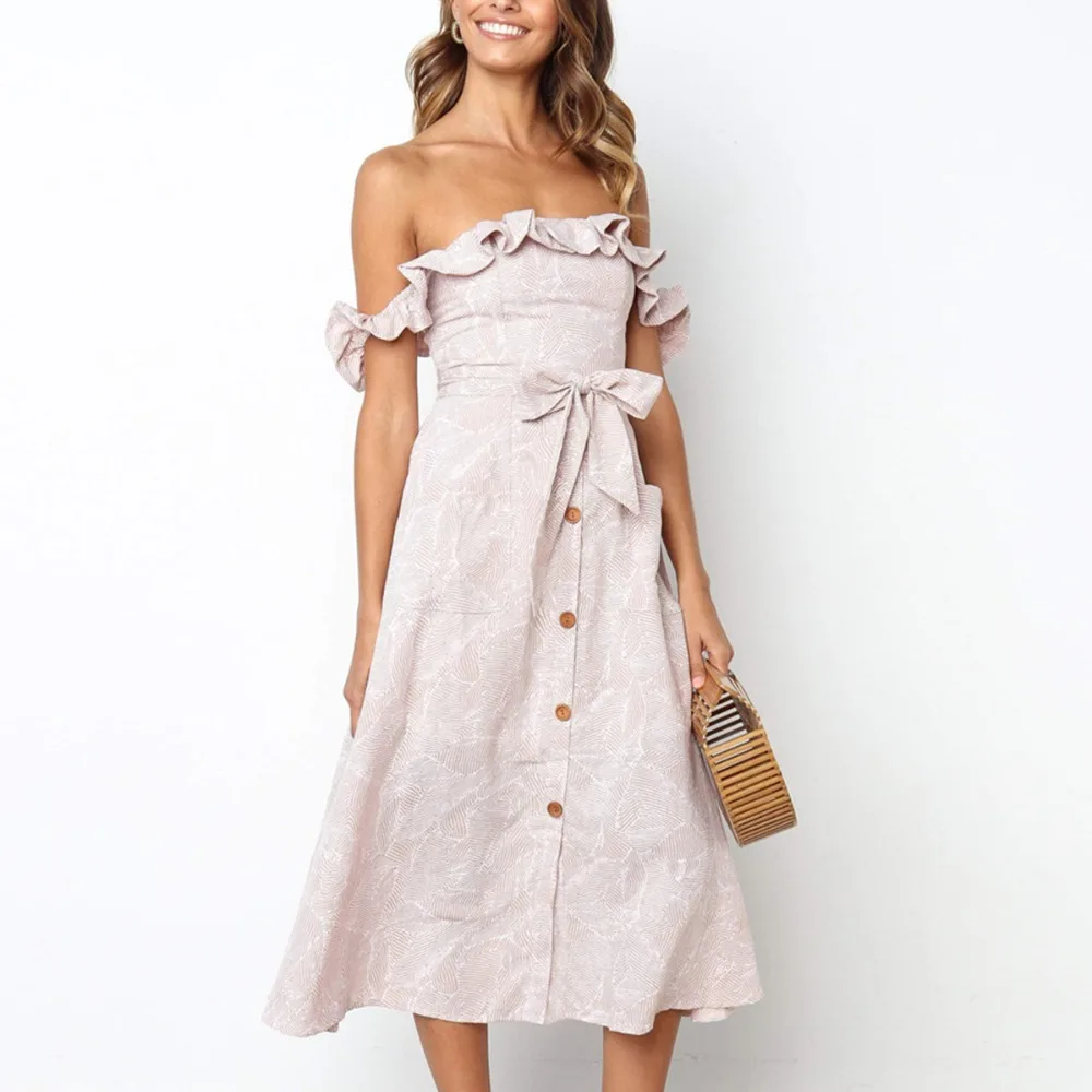 Платье до середины икры с оборками бантом пуговицами и карманами повседневное