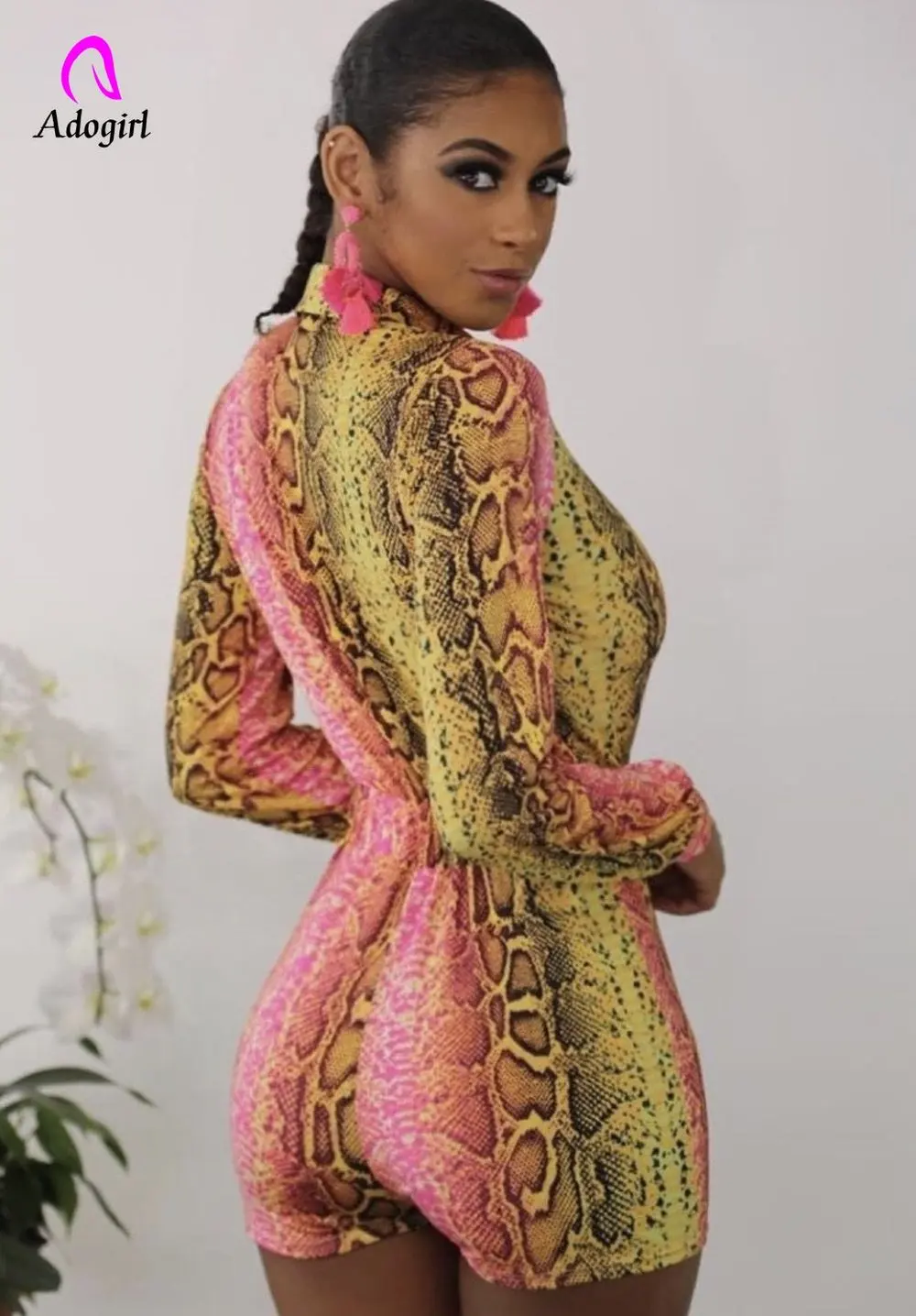 Women Work Jumpsuit Serpentine Printed Long Sleeve Playsuit Spring Turn Down Collar Button Up High Street Party Short Overall | Женская