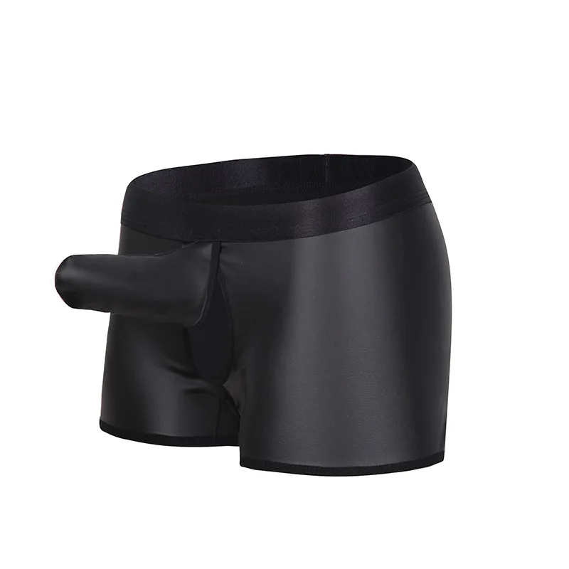 Black Faux Leather Сексуальное нижнее белье с мокром эффектом искусственная кожа или Чистая Пряжа бикини коробка брифы с пенисом оболочка стринги с открытой промежностью нижнее белье - Цвет: Black Faux Leather