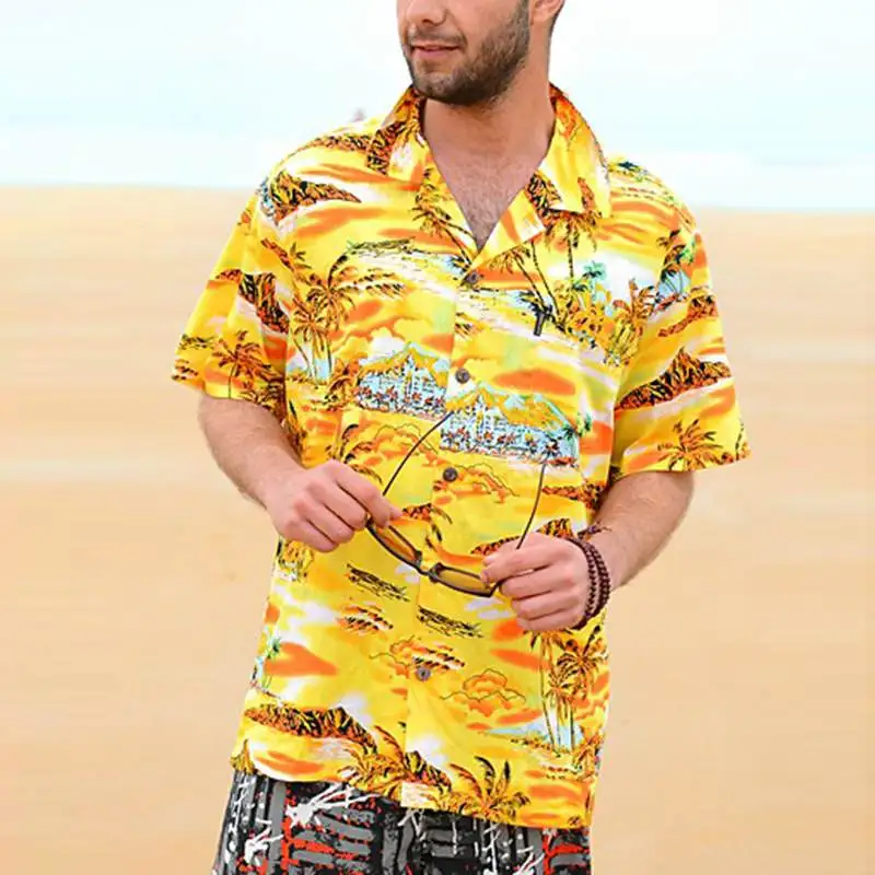Брендовые желтые мужские рубашки Camisa, футболка с цветочным рисунком, пляжная одежда, короткий рукав, воротник с лацканами, свободная пуговица, гавайская мужская одежда