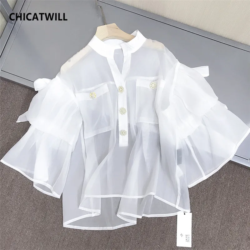 CHICATWILL Summer Designer French style office lady white ruffles Blouses women elegant Flare Sleeves OL Tops |