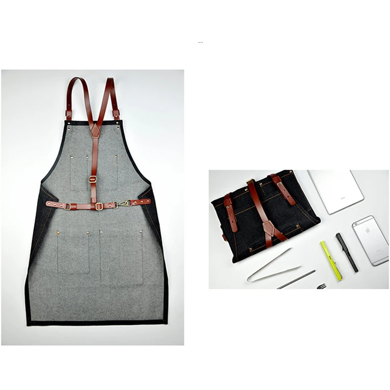 Джинсовый ковбойский фартук для барбекю хлопковый выпечки кожаные ремешки