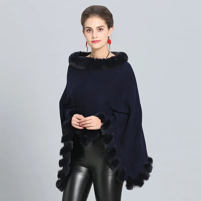 

Women Capes Solid Poncho 2018 Winter Faux Fox Fur Out Street wear Knitted Triangle Fur Sweater Plus Size Pullover Coat Fur Neck