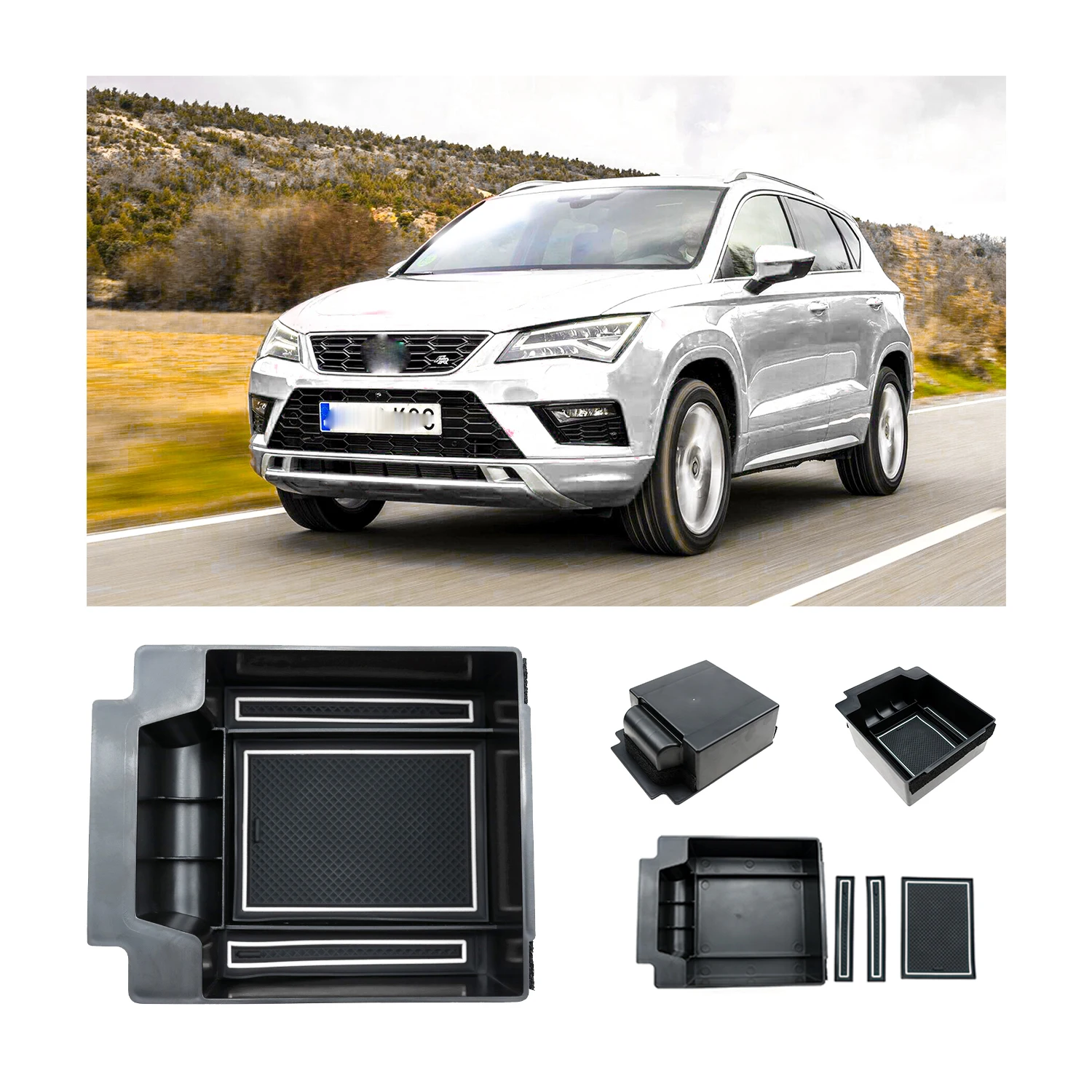 RUIYA Anti-slip Pad Armrest Storage Box For Seat Ateca Car Center Console Organizer,Car Interior Holder Secondary Container