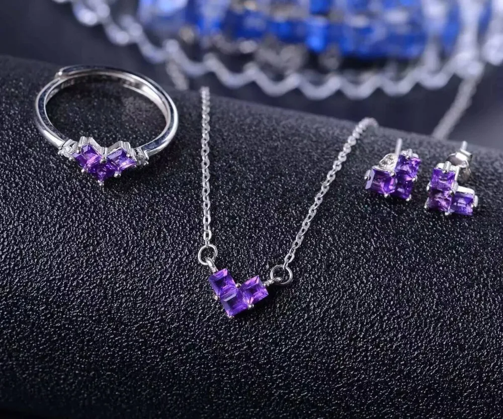 

Natural amethyst gem jewelry sets natural crystal ring Pendant Earrings S925 silver Elegant Simple square heart fine jewelry