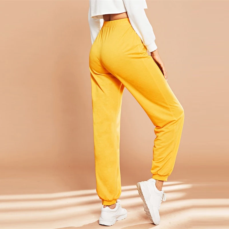 SHEIN Спортивные Брюки С Эластичной Талией Женские Желтые Повседневные Брюки С Высокой Талией