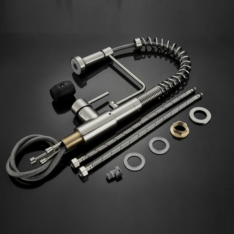 

Newly Pull Out Kitchen Sink Faucet Deck Mounted Spring Swive Spout Kitchen Washing Taps with Handsprayer Bracket Hot Cold Faucet