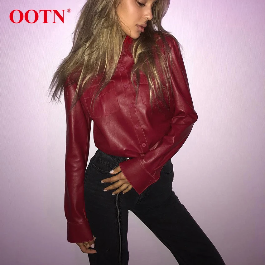 OOTN Винтаж Красный из искусственной кожи рубашка с длинными рукавами женские топы