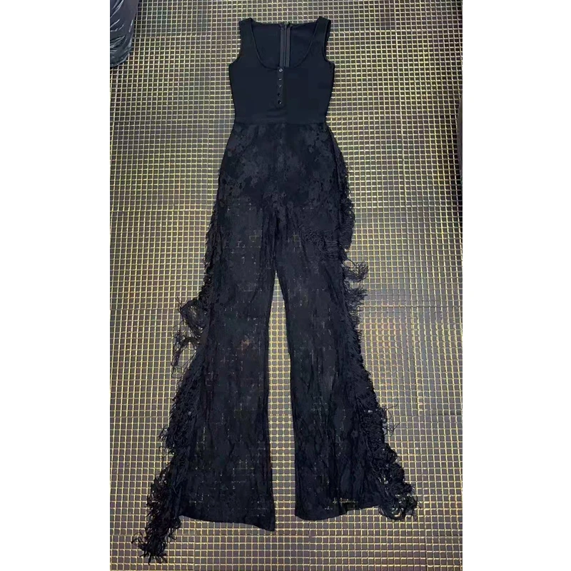 

2019 New Arrival Fashion Black Lace Jumpsuit Sexy V Neck Sleeveless Celebrity Evening Party Sheer Lace Bodysuit Dropshipping
