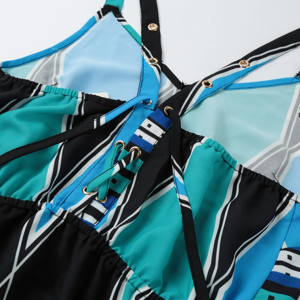 2019 Украина для женщин на бретельках платье Colorblock (цветовой блок) с геометрическим