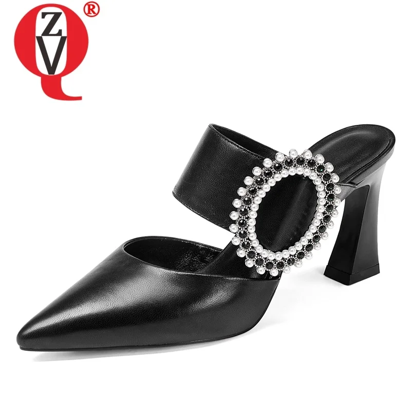 

ZVQ Woman Shoes 2019 Summer New Fashion Sexy Pointed Toe Crystal Genuine Leather Woman Slippers Outside Super High Heels Shoes