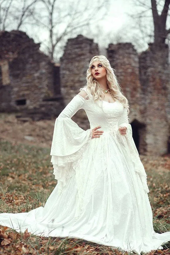 MZYCH04 Vintage Renaissance Белое Свадебное Платье Celtic Средневекового Белл Рукава