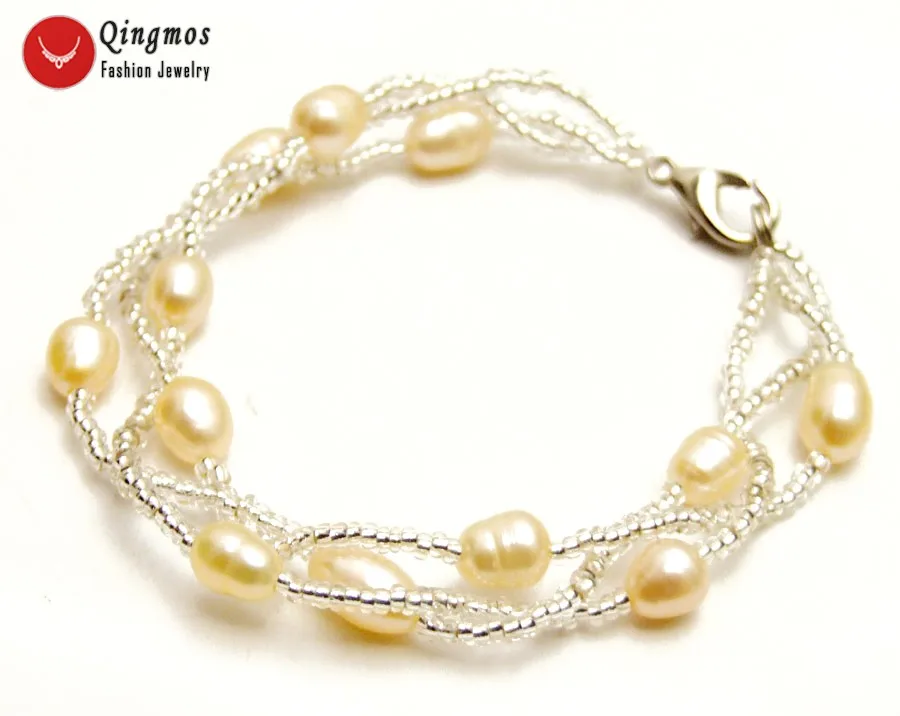 Qingmos Natural Pearl Bracelet for Women with 5-6mm Pink Rice &amp Crystal Handwork Weave 3 Strands Jewelry bra432 | Украшения и