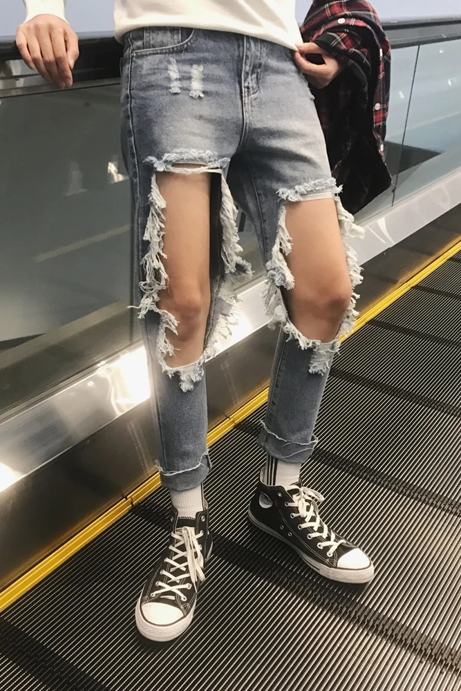

Spring sexy dew leg big hole wash to make old jeans pants men's pants