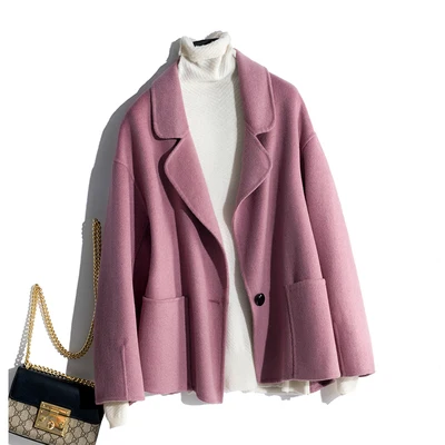 Bean purple double-faced wool шерстяные женские короткие модные Универсальные свободные пальто с длинными рукавами сплошной цвет вязать кардиган форма пальто - Цвет: Bean purple