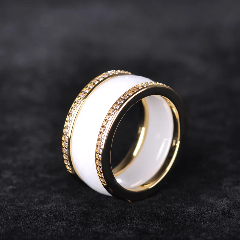 

Blucome White Wide Ring For Lovers Full Rhinestone Copper Lines Splice White Ceramic Jewelry Big Rings For Wedding With Gift Box