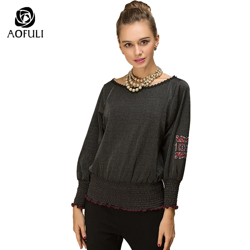 Блузка с длинным рукавом и вышивкой AOFULI B6369 L ~ 3xl 4xl 5xl|embroidered blouse|casual topstop floral |