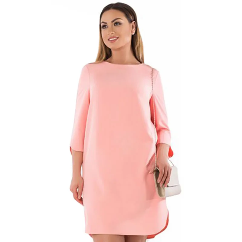 PINK Размера плюс 6XL осенне-зимнее платье Короткое платье повседневное однотонное с длинным рукавом милое женское элегантное платье офисное платье большого размера Vestidos - Цвет: PINK