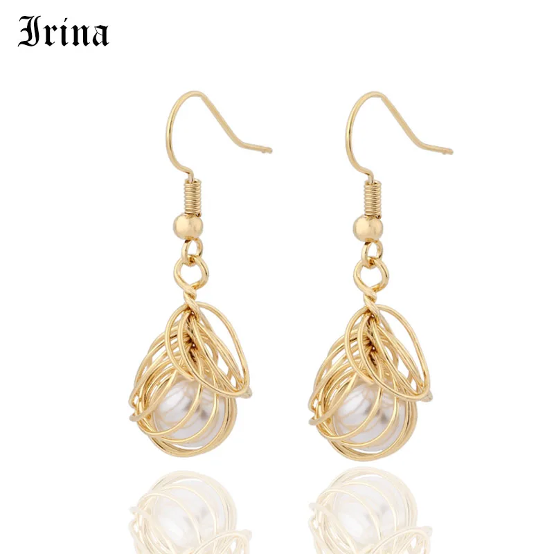 

Korea New Design Copper Metal Geometric Irregular Imitation Pearl Long Drop Earrings For Women Girl Party Jewelr