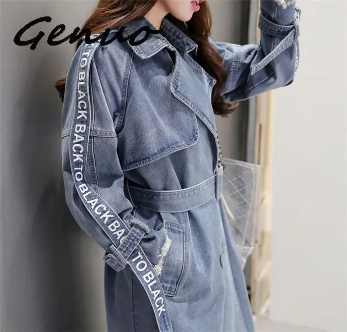 Women's Trench Coat spring Waist Denim Windbreaker Fashion Full Sleeve Outwear Printed Female Long Denim Coat Loose Big Size