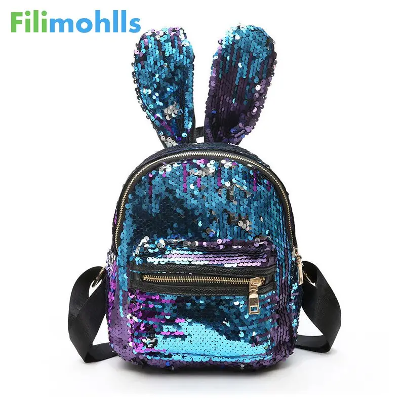 

New Mini Sequins Backpack Cute Rabbit Ears Shoulder Bag For Women Girls Travel Bag Bling Shiny Backpack Mochila Feminina S1353