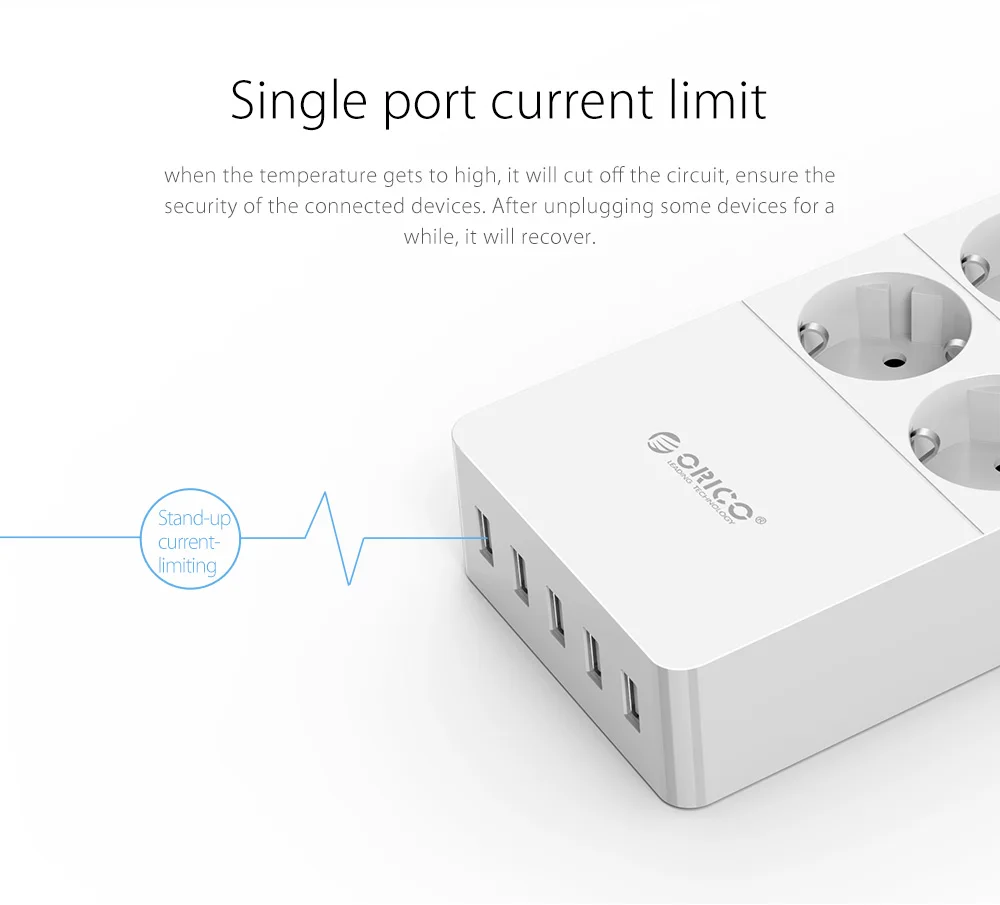 ORICO power Strip EU US UK Plug 6 Outlet сетевой фильтр EU power Strip с 5x2. 4A USB Супер зарядными портами-белый(HPC-V1