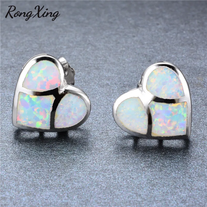 RongXing Silver Color White/Blue/Multicolor Fire Opal Heart Stud Earrings for Women Fashion Studs Jewelry Ear0559 | Украшения и