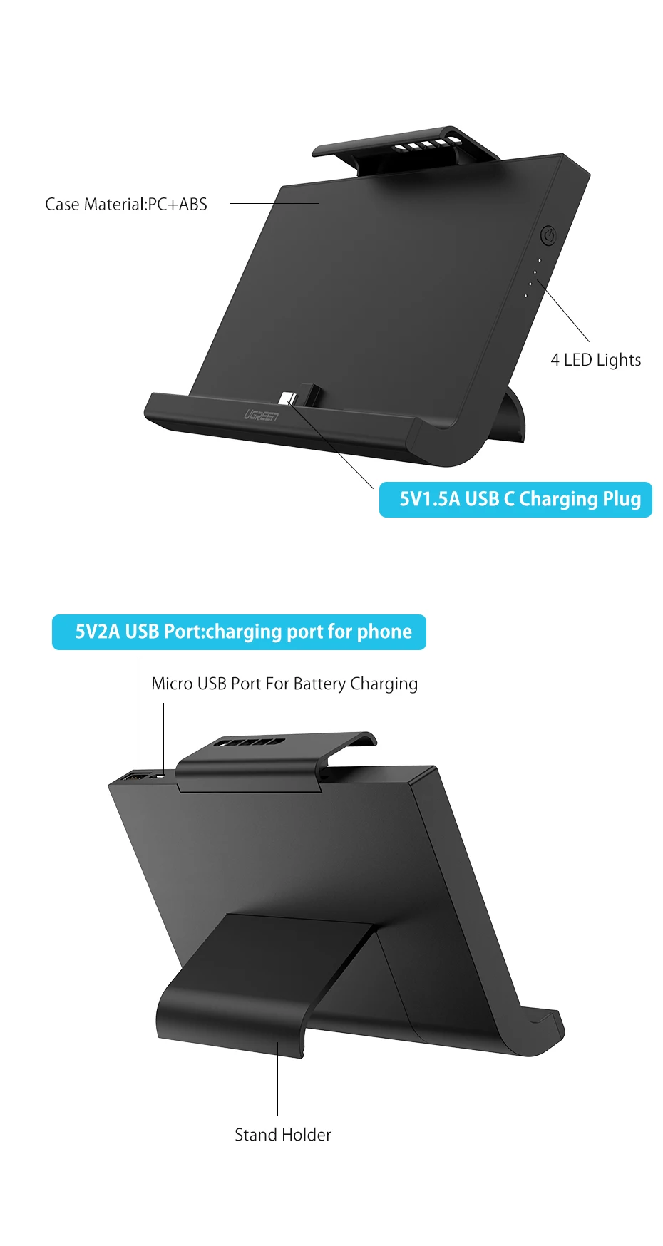 Ugreen, 10000 мА/ч, Дополнительный внешний аккумулятор для Kind Switch Chager battery 5V2A, быстрая зарядка для телефона, для nintendo, стойка-переключатель, док-станция