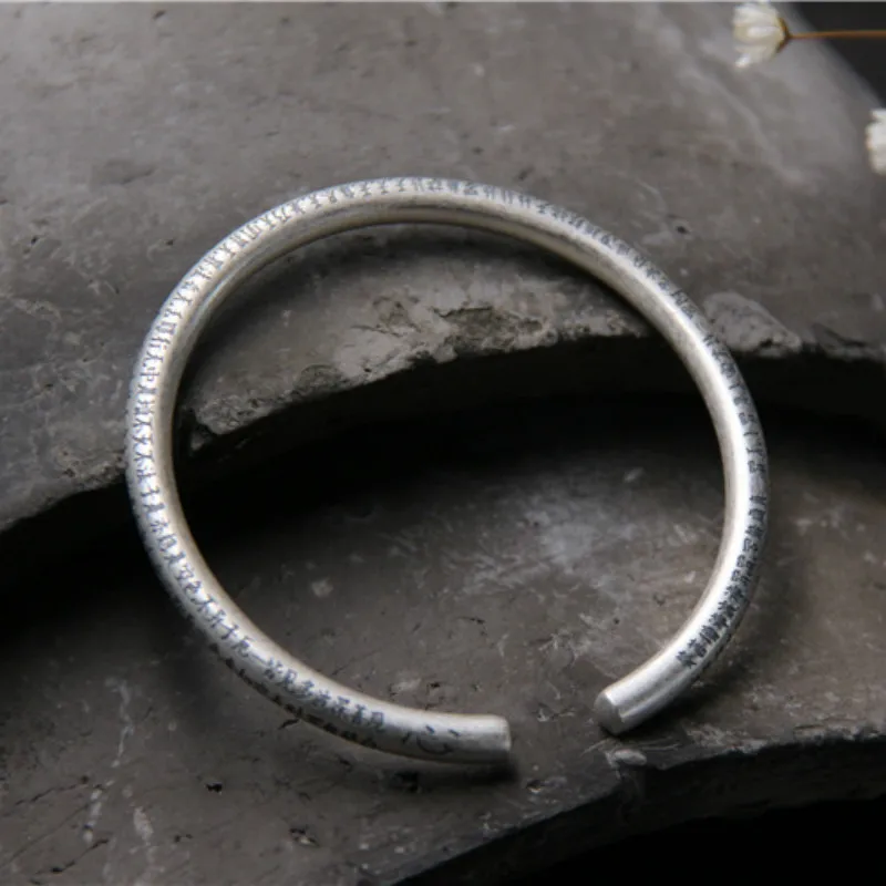 Handmade 999 Sterling Silver Carved THE HEART OF PRAJNA PARAMITA SUTRA Bangles For Men Women om mani padme hum Bangle Jewelry | Украшения и