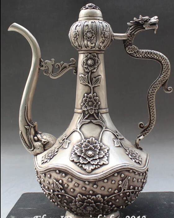 

decoration bronze factory outlets Tibet Silver 12" Chinese Dynasty Palace Silver Dragon Head Handle Flower Wine Tea Pot Flagon