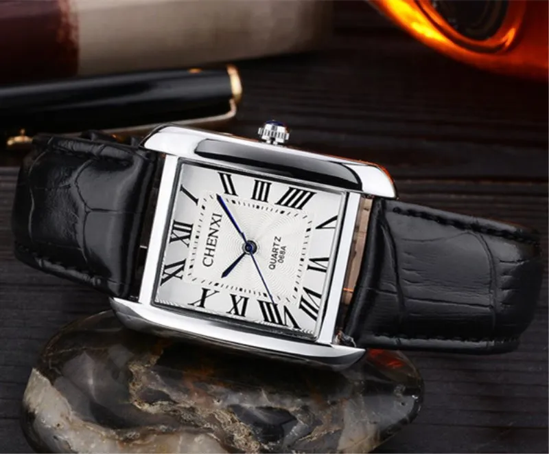 Silver white Модные Классические мужские кварцевые часы CHENXI, роскошный классический дизайн, прямоугольные мужские часы, Erkek Saat - Цвет: Silver white