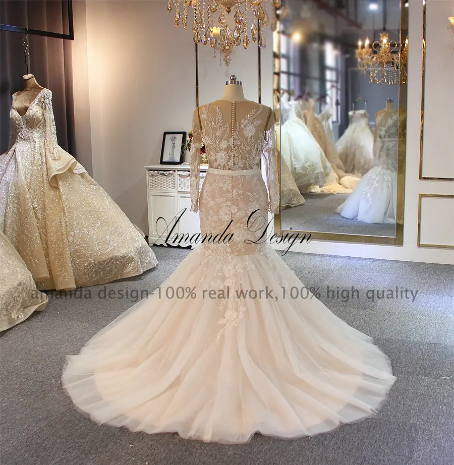 Аманда дизайн robe de mariage длинный рукав Шампанское Русалка прозрачное свадебное платье