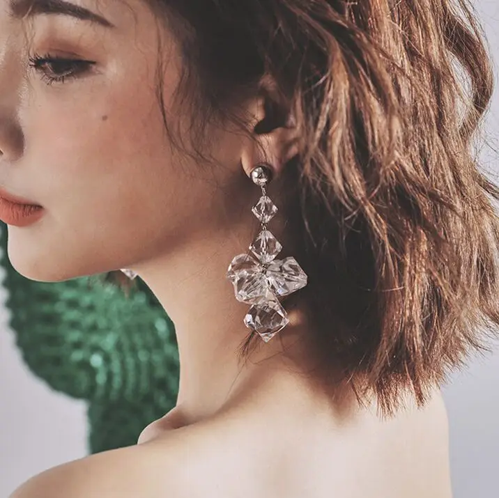 Women's European style Crystal Exaggerated Long Drop Earrings stylish Color transparent acrylic fashionable | Украшения и